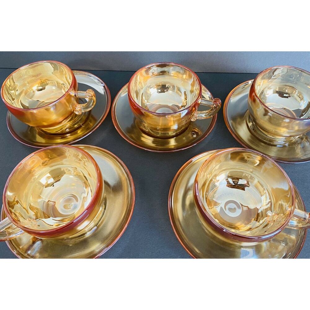 Vintage Jeanette Marigold Carnival Glass Iridescent Camellia 5 Teacups/Saucers - Picture 7 of 11
